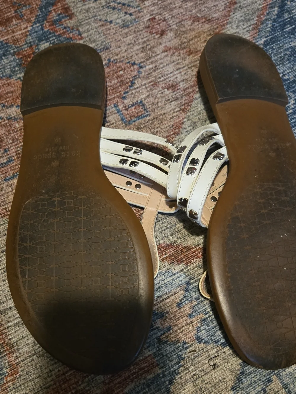 kate spade White and Tan Leather T-strap Studded Sandals